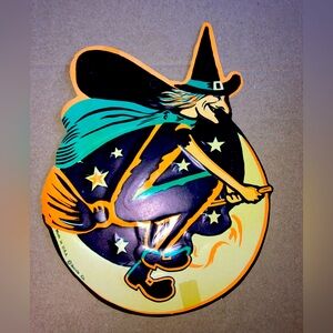 Vintage Halloween Beistle Co. Witch on broom die-cut!